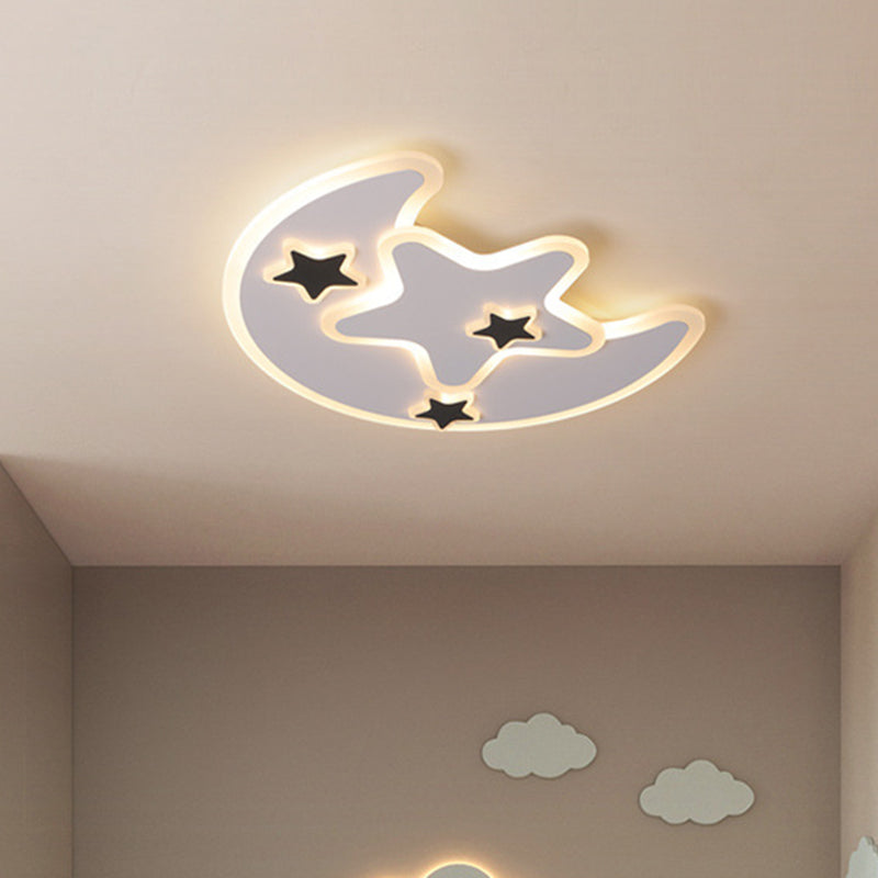 Modern LED Black Moon and Star Flushmount Light for Kids Bedroom Ceiling - Warm/White LED Acrylic Fixture