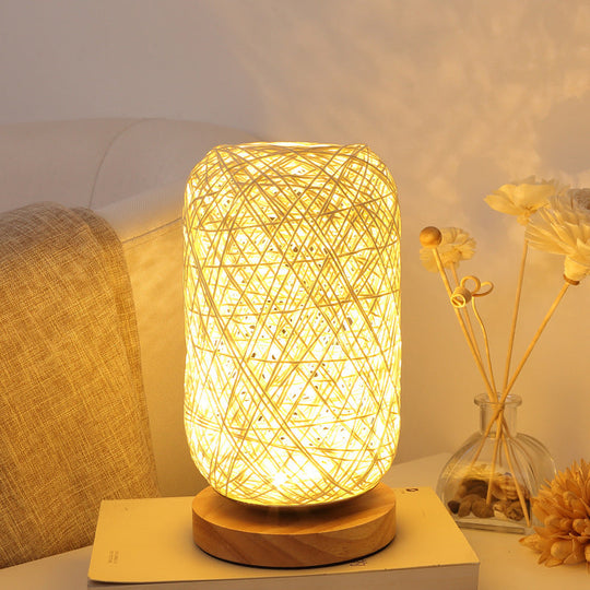 Mini Nightstand Lamp - Roped Oblong Design In Macaron Beige/Blue/Brown With Usb Charging Led Light