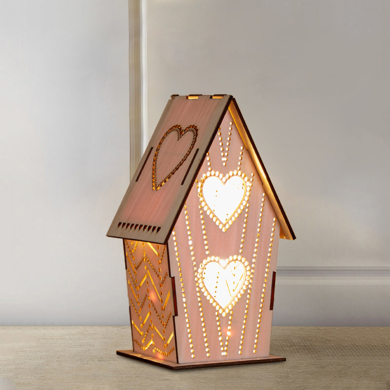 Kids Wooden Usb Led Table Night Light With Loving Heart/Star/Flower Pattern - Brown Lodge Small Size