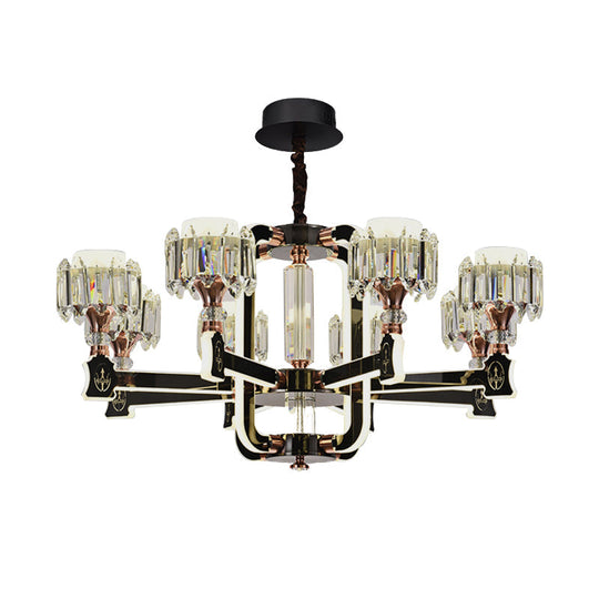 Modern Black Led Chandelier With Crystal Block Cylinder And 6/8 Bulbs