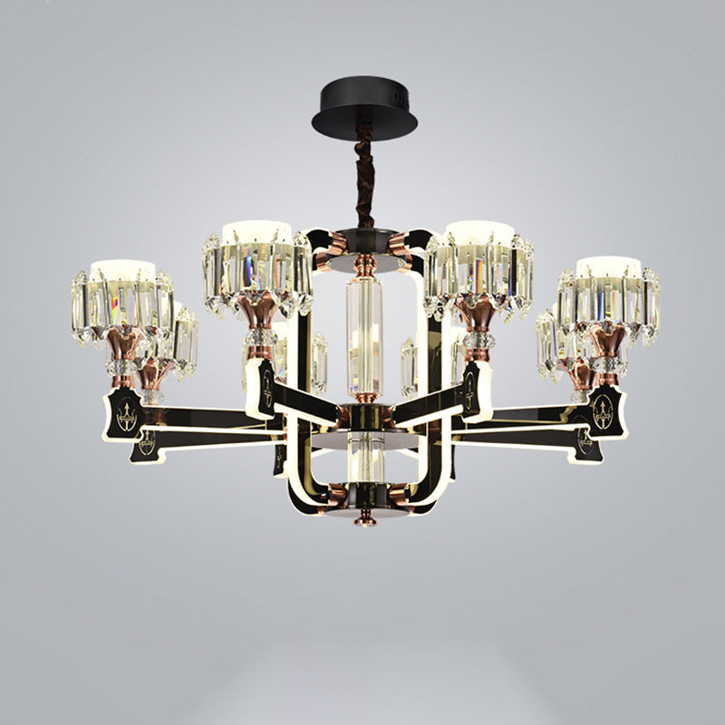 Modern Black Led Chandelier With Crystal Block Cylinder And 6/8 Bulbs