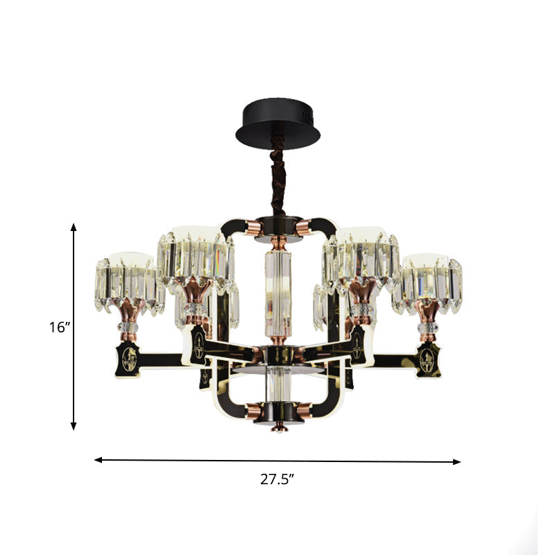 Modern Black Led Chandelier With Crystal Block Cylinder And 6/8 Bulbs