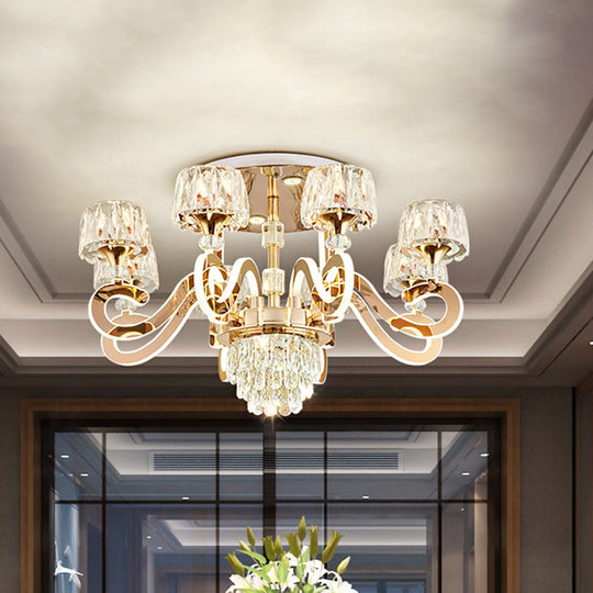 Modern Gold Semi Flush Mount Ceiling Light with Crystal Accents - 6/8 Bulbs LED, Metal Scroll Arms