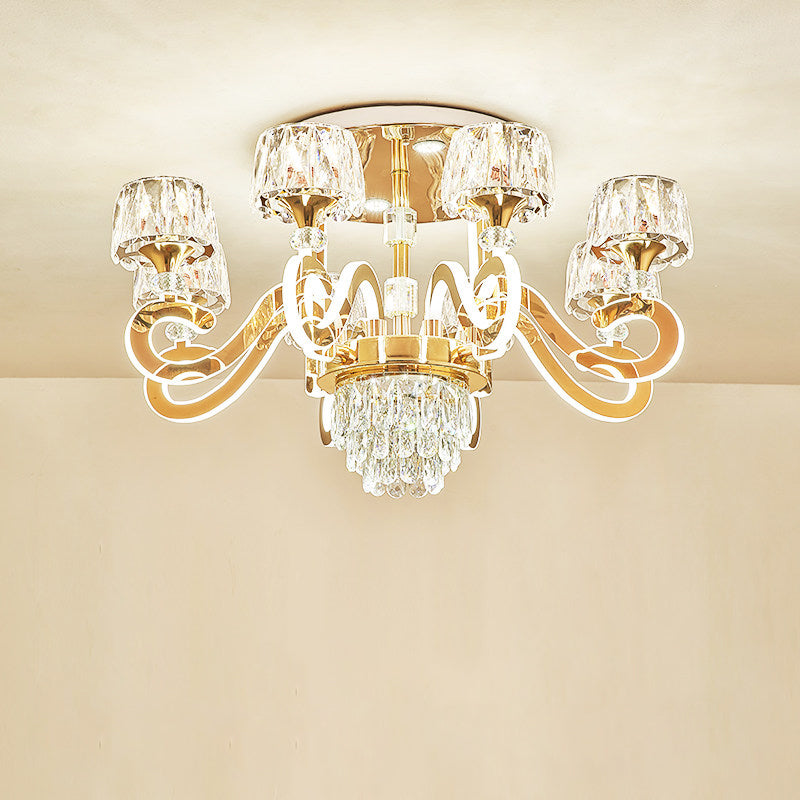 Modern Gold Semi Flush Mount Ceiling Light with Crystal Accents - 6/8 Bulbs LED, Metal Scroll Arms