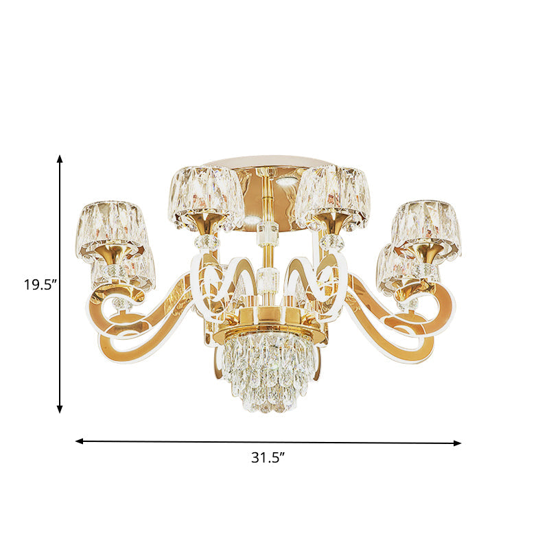 Modern Gold Semi Flush Mount Ceiling Light with Crystal Accents - 6/8 Bulbs LED, Metal Scroll Arms