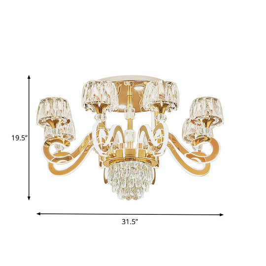 Modern Gold Semi Flush Mount Ceiling Light With Crystal Accents - 6/8 Bulbs Led Metal Scroll Arms