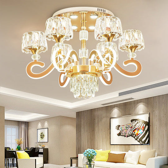 Modern Gold Semi Flush Mount Ceiling Light with Crystal Accents - 6/8 Bulbs LED, Metal Scroll Arms