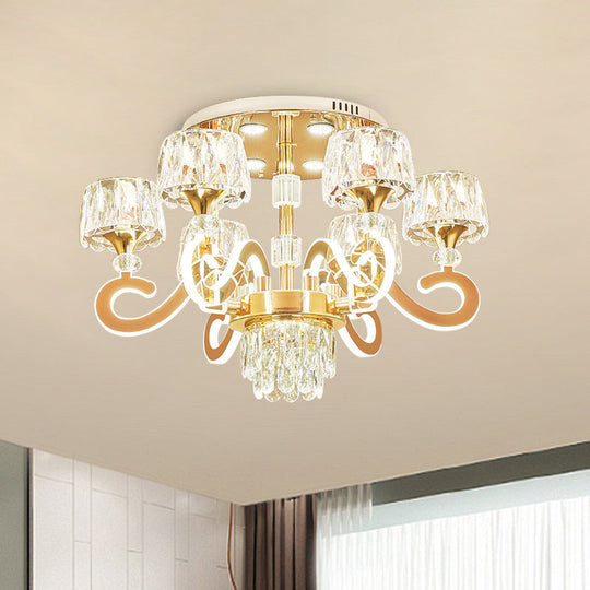 Modern Gold Semi Flush Mount Ceiling Light with Crystal Accents - 6/8 Bulbs LED, Metal Scroll Arms