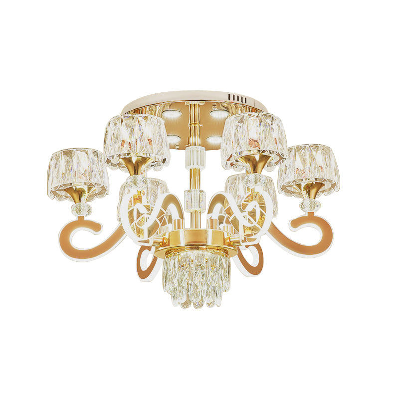 Modern Gold Semi Flush Mount Ceiling Light with Crystal Accents - 6/8 Bulbs LED, Metal Scroll Arms