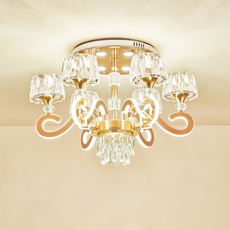 Modern Gold Semi Flush Mount Ceiling Light with Crystal Accents - 6/8 Bulbs LED, Metal Scroll Arms