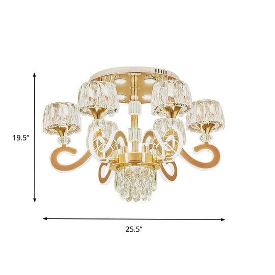 Modern Gold Semi Flush Mount Ceiling Light with Crystal Accents - 6/8 Bulbs LED, Metal Scroll Arms