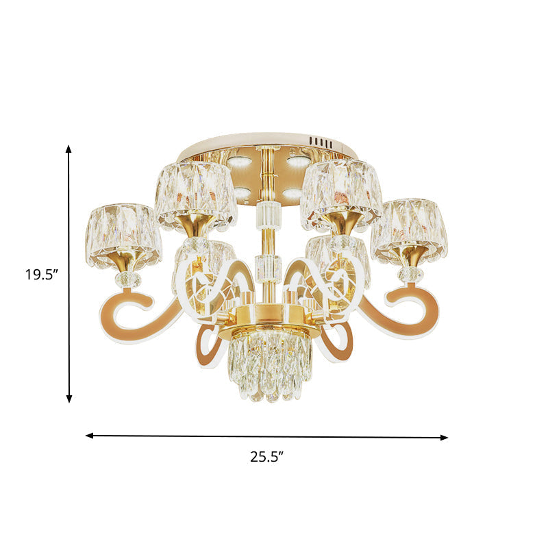 Modern Gold Semi Flush Mount Ceiling Light With Crystal Accents - 6/8 Bulbs Led Metal Scroll Arms