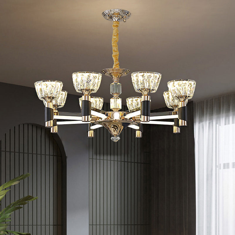 Modern Black and Gold LED Chandelier - Elegant Suspension Light with Crystal Rectangle Design (6/8 Lights)