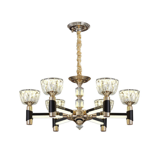 Black And Gold Rectangle Crystal Led Chandelier With 6/8 Bowl-Shaped Suspension Lights