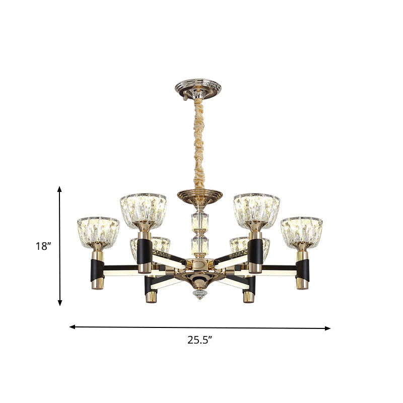 Black And Gold Rectangle Crystal Led Chandelier With 6/8 Bowl-Shaped Suspension Lights