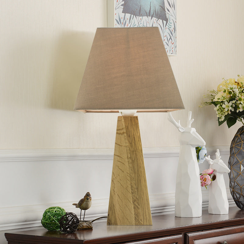 Minimalist Taupe/White Pagoda Table Lamp With Pyramidal Wood Pedestal Taupe