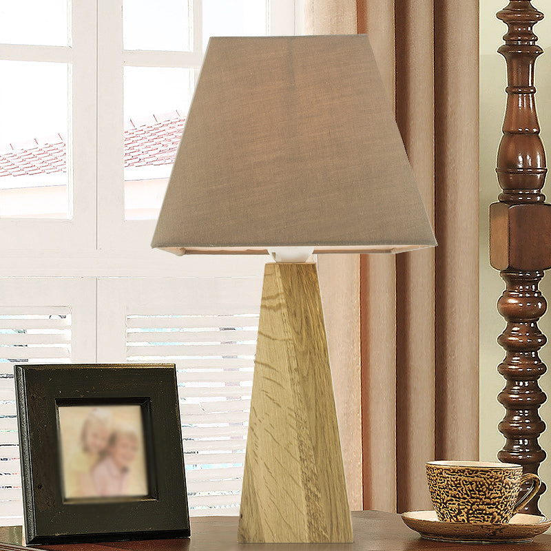 Minimalist Taupe/White Pagoda Table Lamp With Pyramidal Wood Pedestal