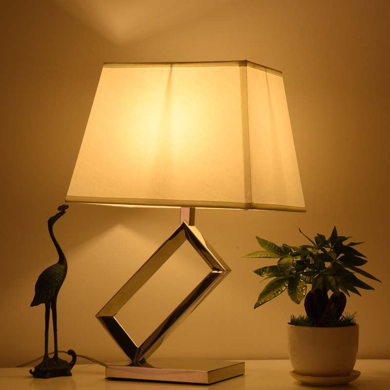 Modern White Fabric Table Light With Pagoda Shade - Stylish Bedside Lamp Steel Frame Base