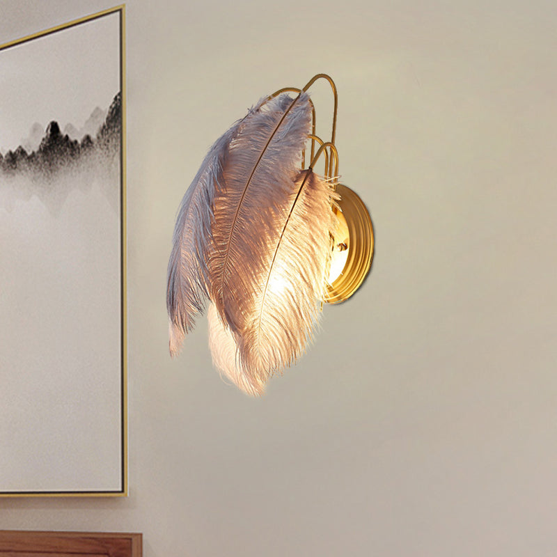 Modern Furry Goose Feather Wall Lamp - Sleek Single-Bulb Sconce Light For Living Room (Grey/White)