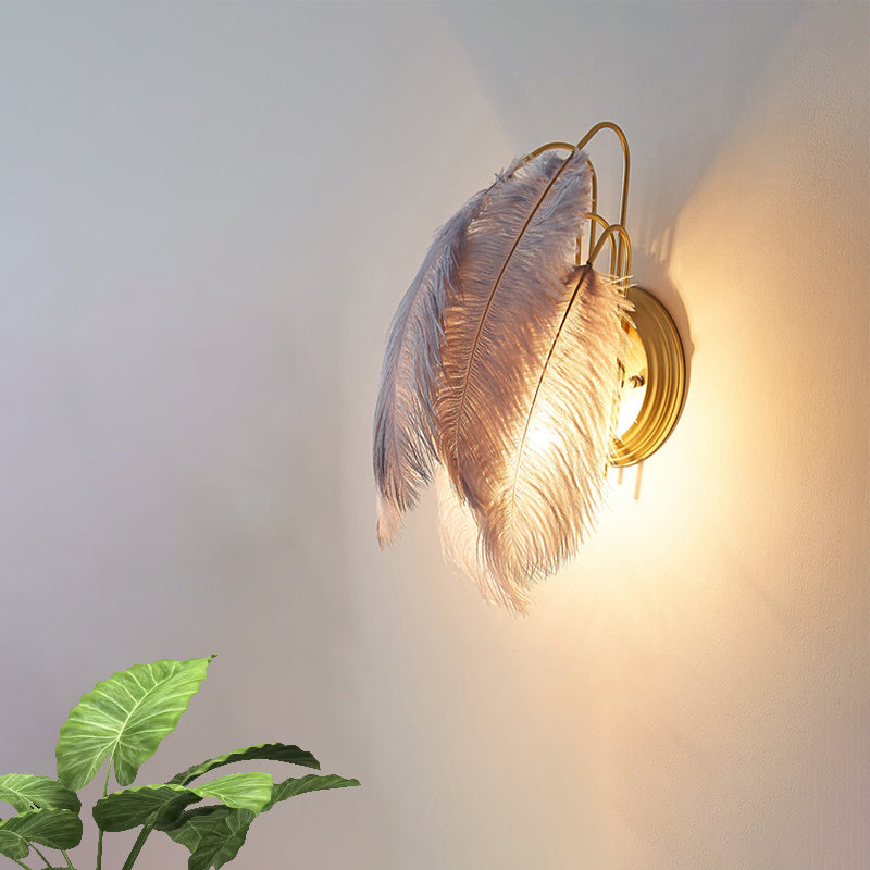 Modern Furry Goose Feather Wall Lamp - Sleek Single-Bulb Sconce Light For Living Room (Grey/White)