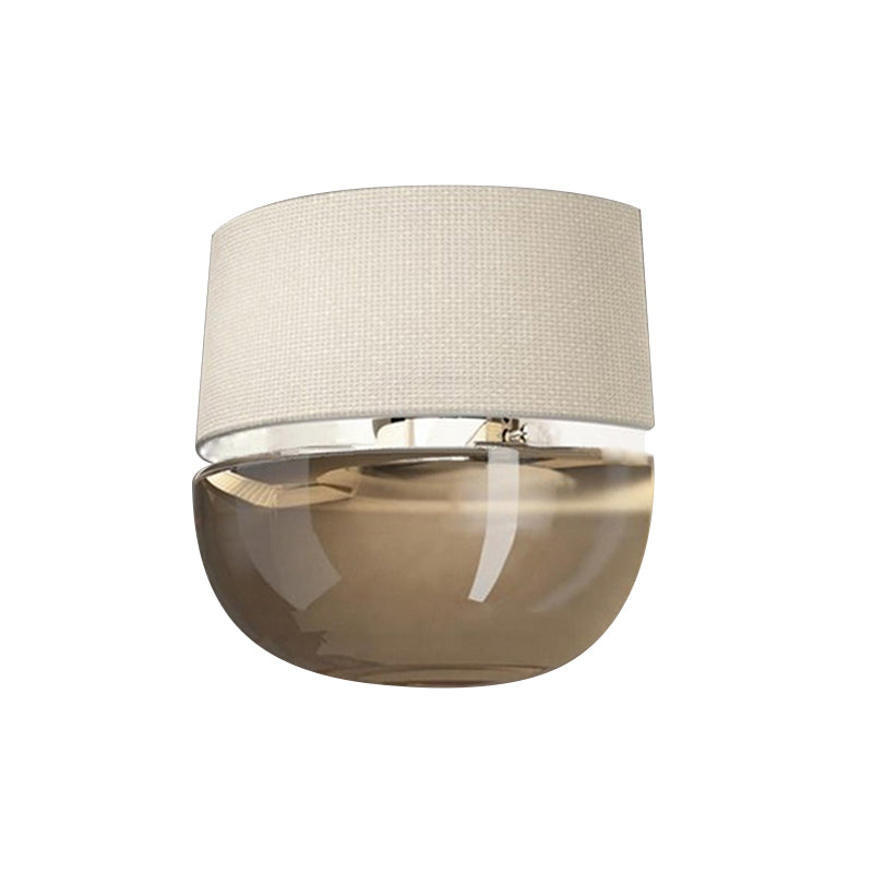 Modern Arched Wall Sconce In White With Grid Pattern Fabric And Tan Glass Bottom