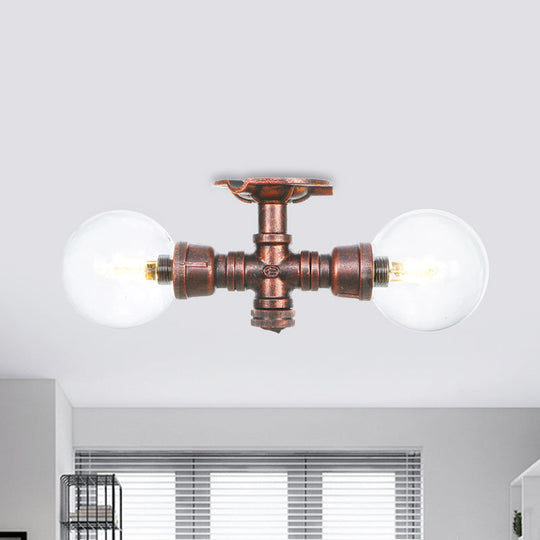 Antiqued LED Flush Mount Lamp with 2 Lights - Clear Glass & Copper Semi Mount Lighting Ball