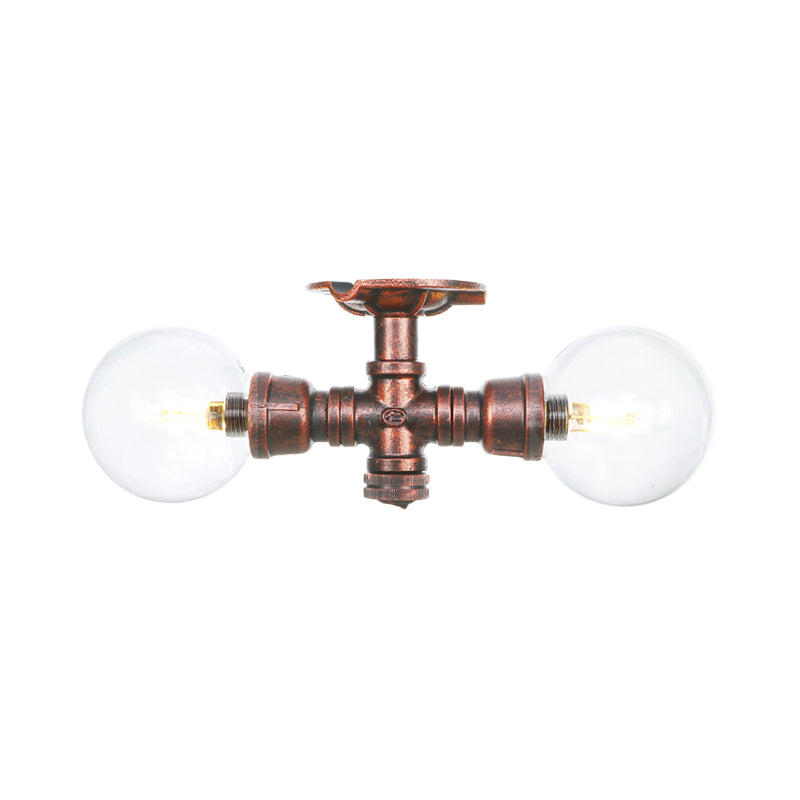 Antiqued LED Flush Mount Lamp with 2 Lights - Clear Glass & Copper Semi Mount Lighting Ball