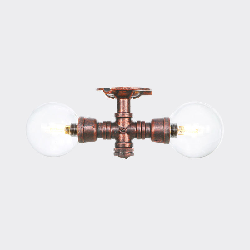 Antiqued LED Flush Mount Lamp with 2 Lights - Clear Glass & Copper Semi Mount Lighting Ball