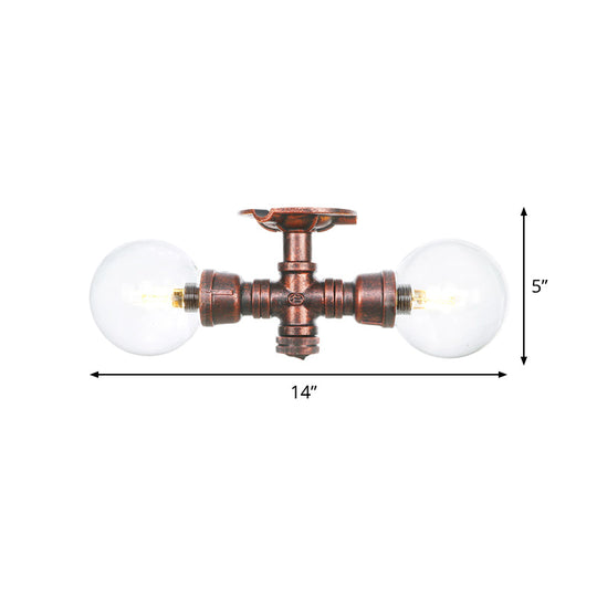 Antiqued LED Flush Mount Lamp with 2 Lights - Clear Glass & Copper Semi Mount Lighting Ball