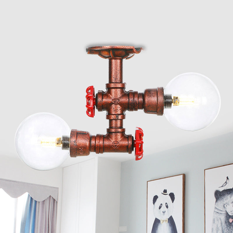 Antiqued LED Flush Mount Lamp with 2 Lights - Clear Glass & Copper Semi Mount Lighting Ball