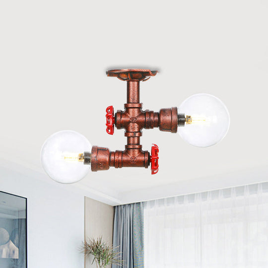 Antiqued LED Flush Mount Lamp with 2 Lights - Clear Glass & Copper Semi Mount Lighting Ball