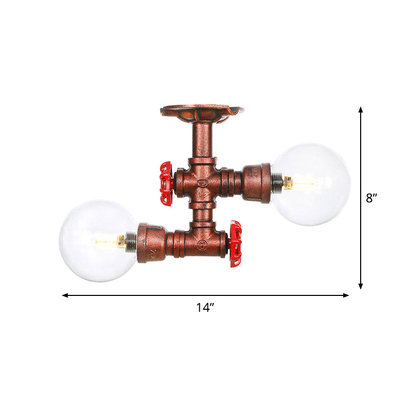 Antiqued LED Flush Mount Lamp with 2 Lights - Clear Glass & Copper Semi Mount Lighting Ball