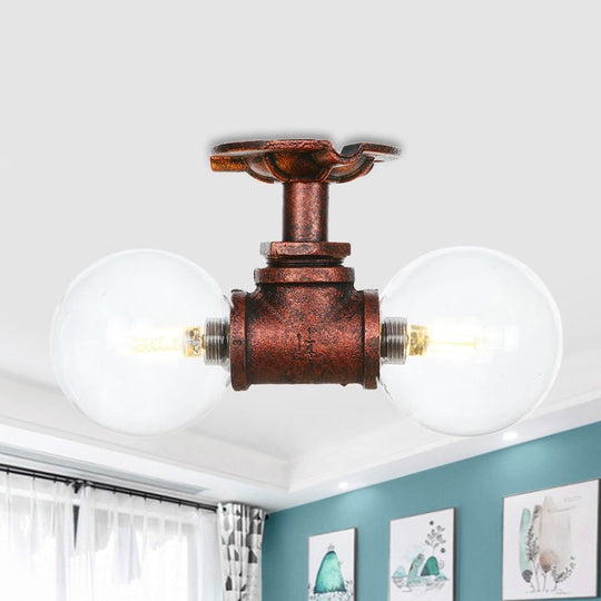 Antiqued LED Flush Mount Lamp with 2 Lights - Clear Glass & Copper Semi Mount Lighting Ball