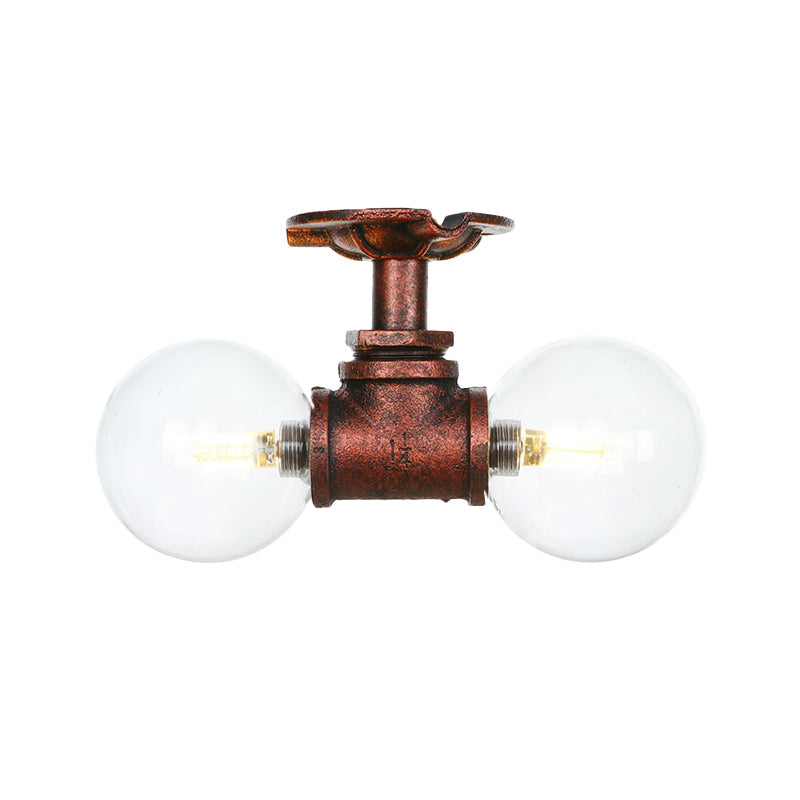 Antiqued Led Flush Mount Lamp With 2 Lights - Clear Glass & Copper Semi Lighting Ball