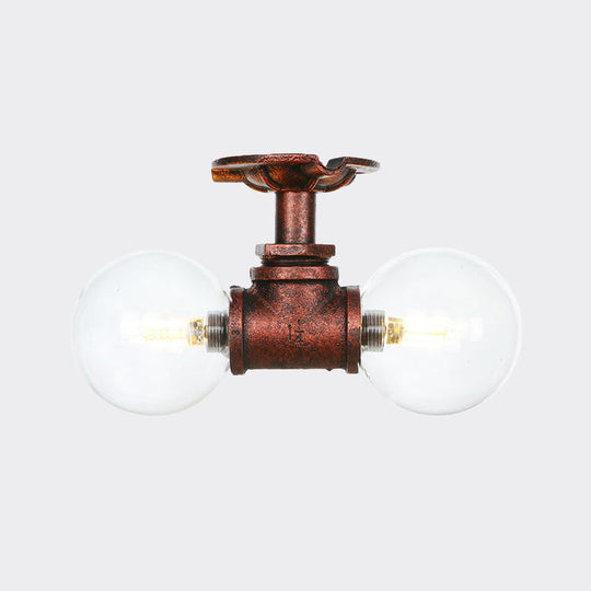 Antiqued LED Flush Mount Lamp with 2 Lights - Clear Glass & Copper Semi Mount Lighting Ball