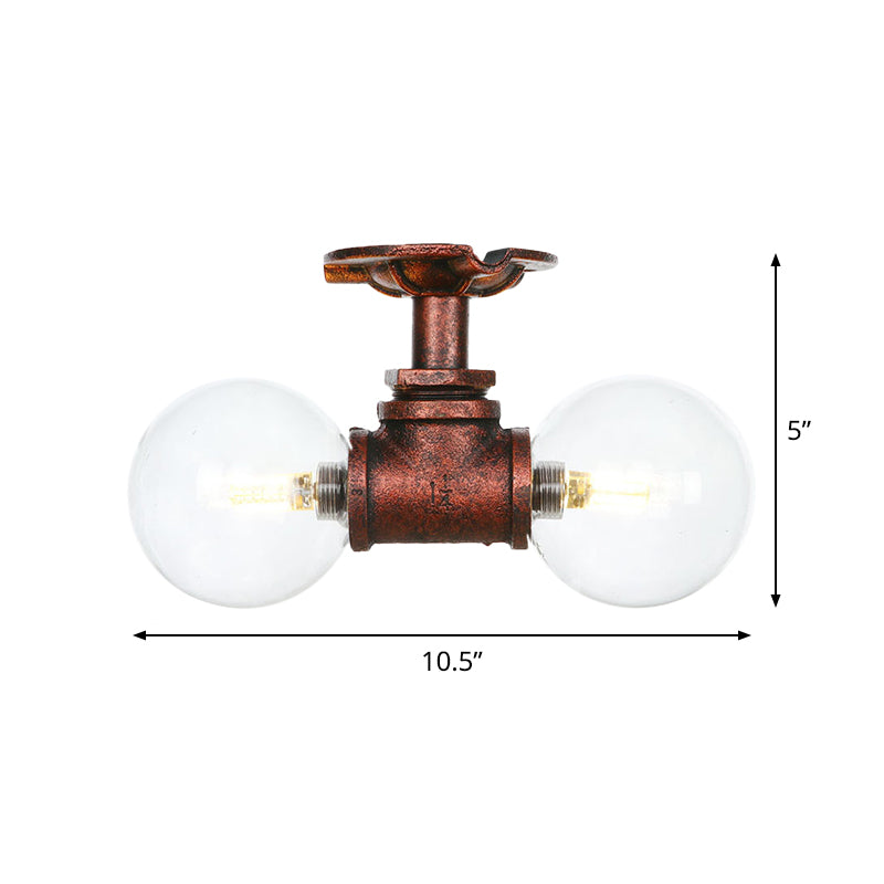 Antiqued LED Flush Mount Lamp with 2 Lights - Clear Glass & Copper Semi Mount Lighting Ball