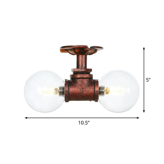 Antiqued LED Flush Mount Lamp with 2 Lights - Clear Glass & Copper Semi Mount Lighting Ball