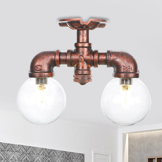 Antiqued LED Flush Mount Lamp with 2 Lights - Clear Glass & Copper Semi Mount Lighting Ball