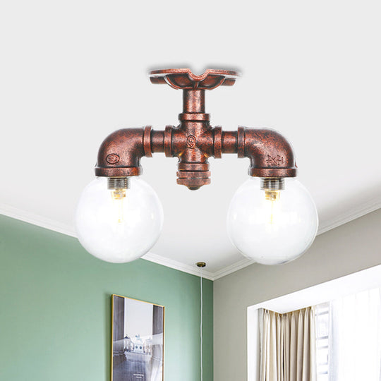 Antiqued LED Flush Mount Lamp with 2 Lights - Clear Glass & Copper Semi Mount Lighting Ball