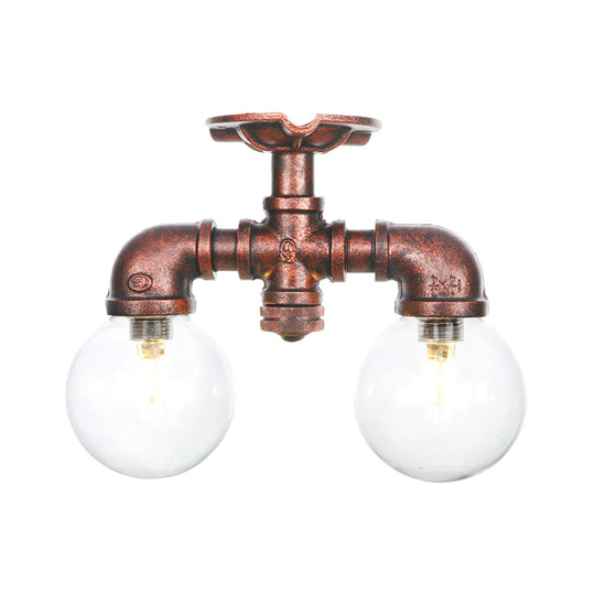 Antiqued LED Flush Mount Lamp with 2 Lights - Clear Glass & Copper Semi Mount Lighting Ball