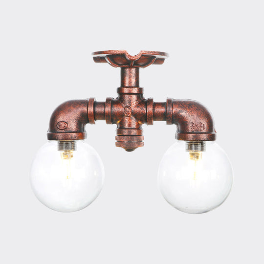 Antiqued LED Flush Mount Lamp with 2 Lights - Clear Glass & Copper Semi Mount Lighting Ball