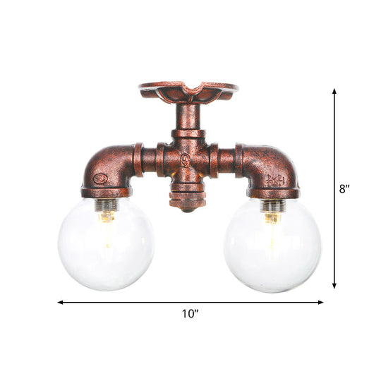 Antiqued LED Flush Mount Lamp with 2 Lights - Clear Glass & Copper Semi Mount Lighting Ball