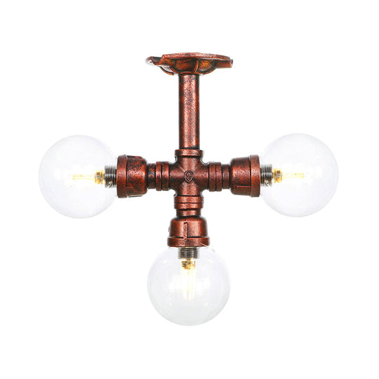 Rustic Copper Semi-Flush Ceiling Light With Clear Glass - 3/4-Light Flush Mount Fixture