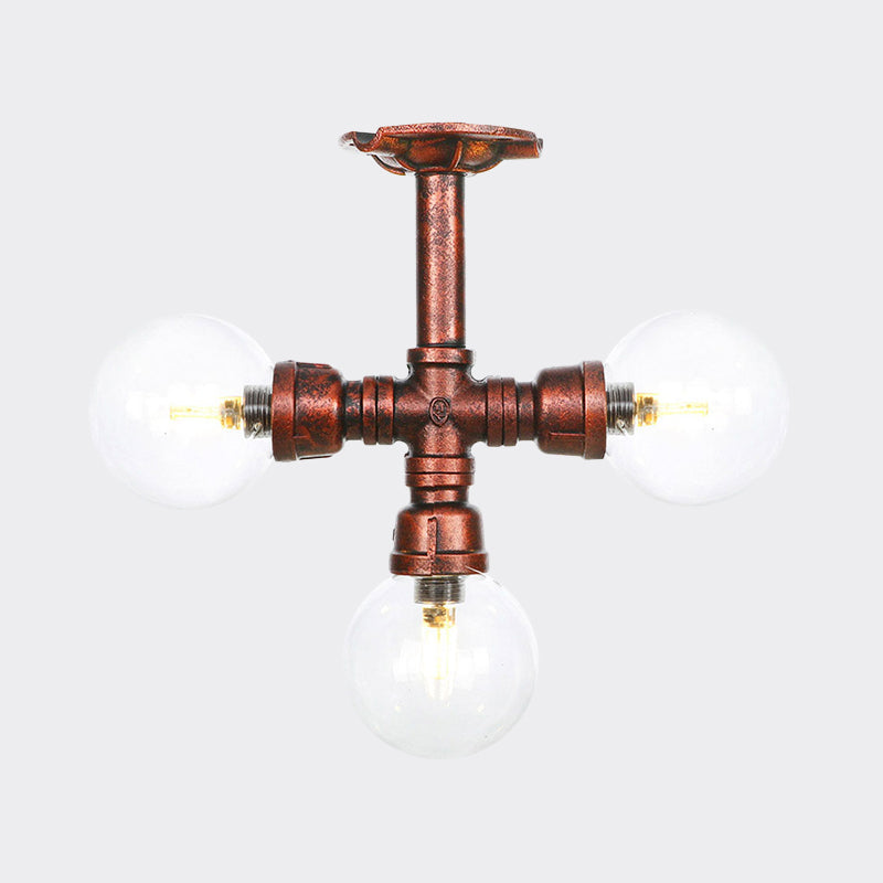 Rustic Copper Semi-Flush Ceiling Light With Clear Glass - 3/4-Light Flush Mount Fixture