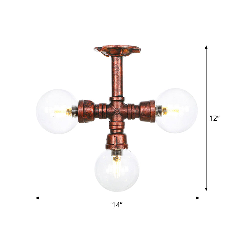 Rustic Copper Semi-Flush Ceiling Light With Clear Glass - 3/4-Light Flush Mount Fixture