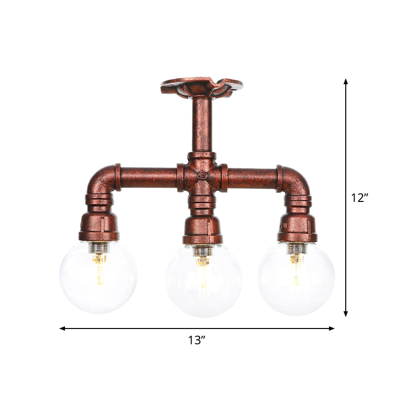 Rustic Copper Semi-Flush Ceiling Light With Clear Glass - 3/4-Light Flush Mount Fixture