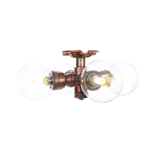 Rustic Copper Semi-Flush Ceiling Light With Clear Glass - 3/4-Light Flush Mount Fixture