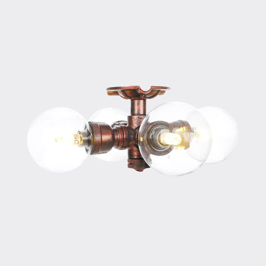 Rustic Copper Semi-Flush Ceiling Light With Clear Glass - 3/4-Light Flush Mount Fixture