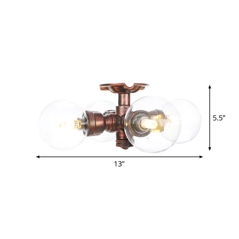 Rustic Copper Semi-Flush Ceiling Light With Clear Glass - 3/4-Light Flush Mount Fixture