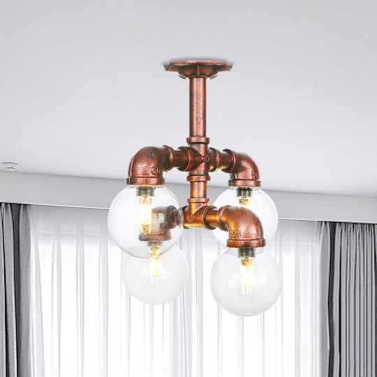 Clear Glass Semi-Flush Ceiling Light with Ball Design - Farmhouse Style, Copper Finish - Restaurant Flushmount Lamp (4/5/6 Heads)